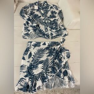 NWT Felicite cotton gauze blue floral Hawaiian palm coord matching set small